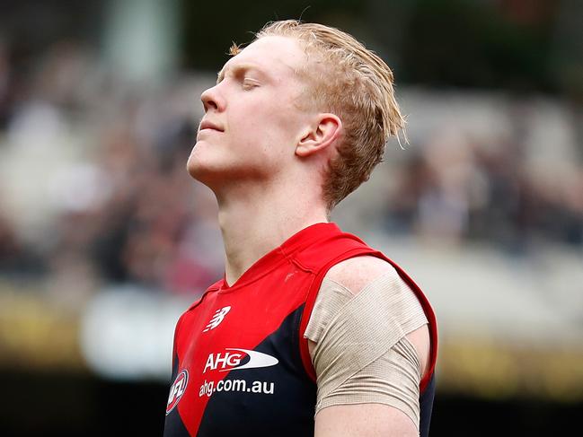 MELBOURNE, AUSTRALIA - AUGUST 26: Clayton Oliver of the Demons looks dejected after a loss during the 2017 AFL round 23 match between the Collingwood Magpies and the Melbourne Demons at the Melbourne Cricket Ground on August 26, 2017 in Melbourne, Australia. (Photo by Michael Willson/AFL Media/Getty Images)