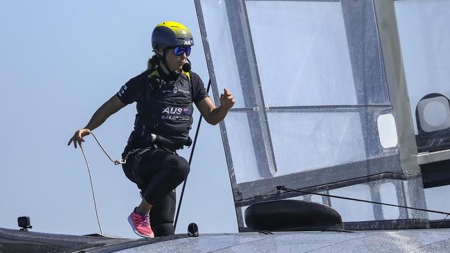 Nina Curtis sailing aboard the Australian SailGP entry.