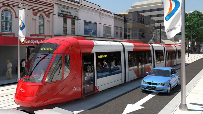 Artist's impression of the light rail in Parramatta CBD.