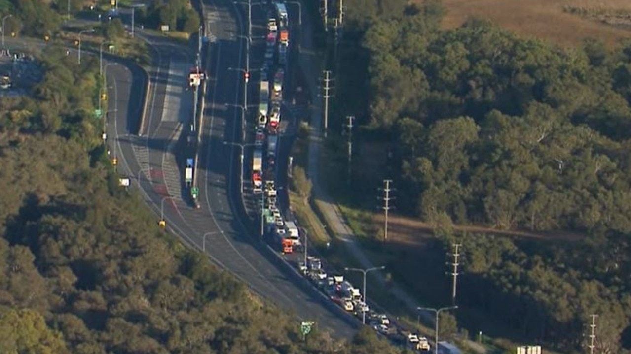 Traffic banked up for kilometres outside of the Port of Brisbane on Tuesday. Picture: 7 NEWS