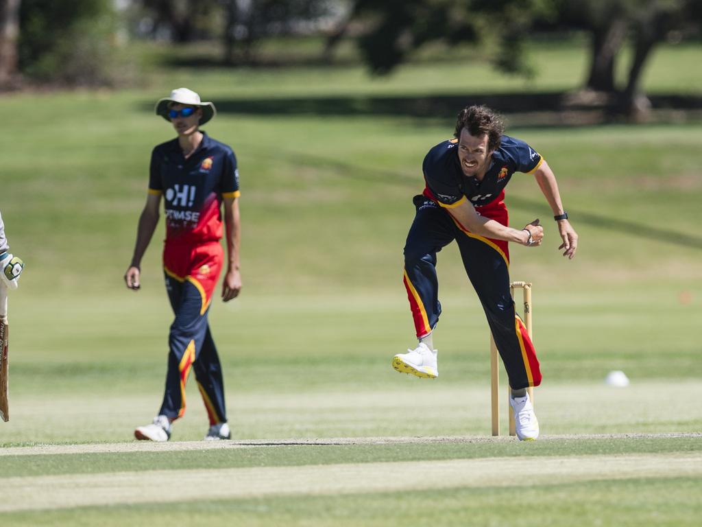 Kharn Millward bowls for Metropolitan-Easts against Souths Magpies in Toowoomba Cricket A Grade One Day grand final at Captain Cook Reserve, Sunday, December 10, 2023. Picture: Kevin Farmer