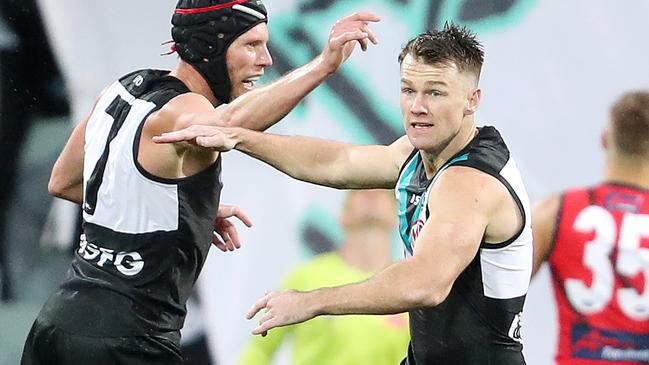 Brad Ebert and Robbie Gray celebrate a Power goal. Picture: Sarah Reed