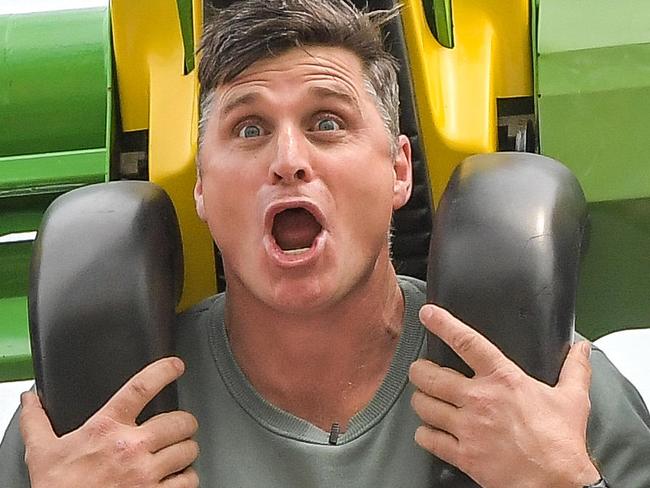 Shane Crawford on the newest and biggest ride, The Beast. Shane Crawford road tests Royal Melbourne Show rides. Picture: Jason Edwards