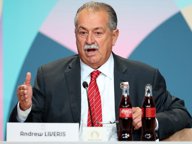 Brisbane 2032 organising committee president Andrew Liveris addresses a media conference in Paris. Picture: Michael Reaves/Getty Images