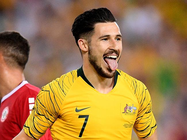 Mathew Leckie of the Socceroos celebrates after scoring a goal during the International friendly match between Australia and Lebanon at ANZ Stadium in Sydney, Tuesday, November 20, 2018. (AAP Image/Dan Himbrechts) NO ARCHIVING, EDITORIAL USE ONLY