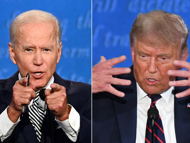 (COMBO) This combination of pictures created on September 29, 2020 shows Democratic Presidential candidate and former US Vice President Joe Biden (L) and US President Donald Trump speaking during the first presidential debate at the Case Western Reserve University and Cleveland Clinic in Cleveland, Ohio on September 29, 2020. (Photos by Jim WATSON and SAUL LOEB / AFP)