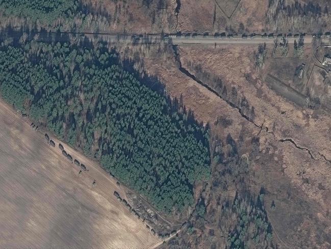 This Maxar satellite image shows a deployment of Russian ground forces, moving troops and equipment, in Ivankiv, Ukraine. Picture: AFP