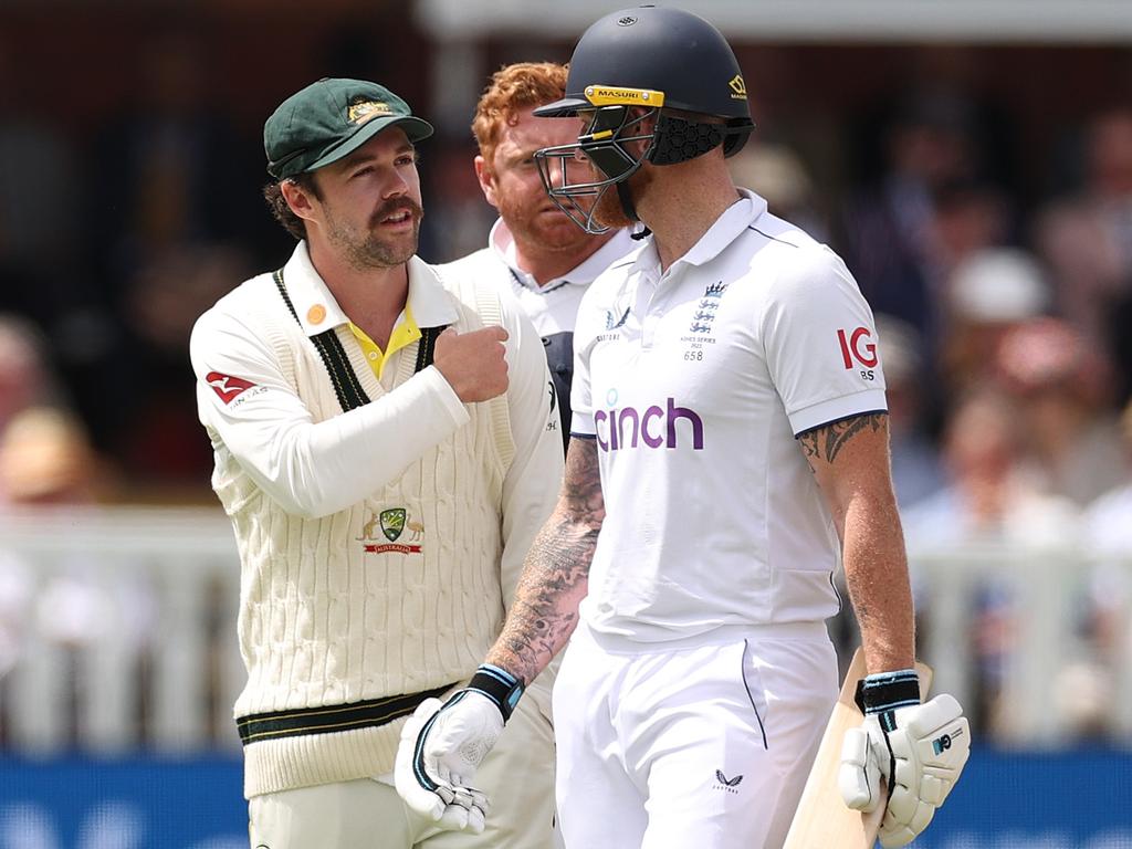 Travis Head speaks with Ben Stokes and Jonny Bairstow amid the Lord’s stumping meltdown. England is fuming, yet Bairstow also has form with the attempted dismissal. Picture: Ryan Pierse/Getty Images