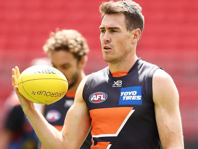 SYDNEY, AUSTRALIA - MARCH 21: Jeremy Cameron handles the ball during a GWS Giants AFL training session at Sydney Showground Stadium on March 21, 2019 in Sydney, Australia. (Photo by Matt King/Getty Images)