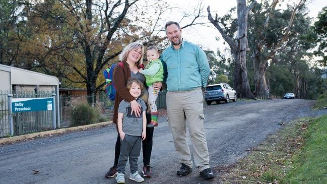 Sarah, Loki and Ari with Mayor Tony Stevenson outside Selby Preschool on Lyons Drive, Selby — one of council's priority roads. Picture: Yarra Ranges Council.