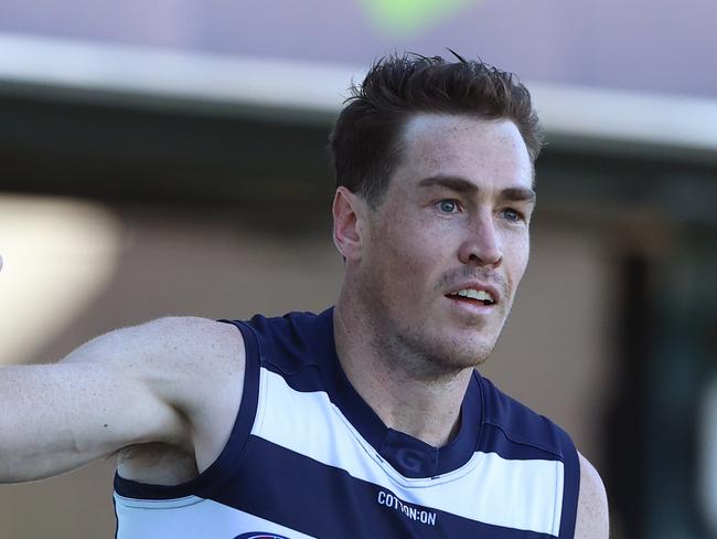 HOBART, AUSTRALIA - APRIL 24: Jeremy Cameron of the Cats celebrates after scoring a goal during the round six AFL match between the North Melbourne Kangaroos and the Geelong Cats at Blundstone Arena on April 24, 2022 in Hobart, Australia. (Photo by Robert Cianflone/Getty Images)