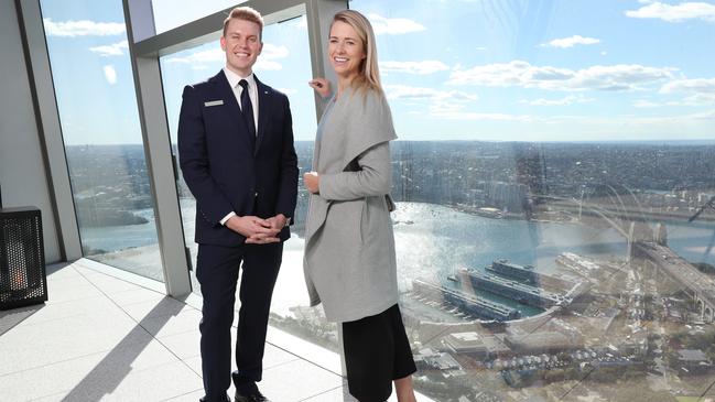 Chief concierge Shaun Van Aalen and nurse Karen Norris on the Sky Deck at Crown Sydney. Picture: Richard Dobson