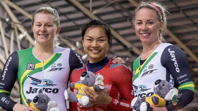 Stephanie Morton, Wai Sze Lee of HK and Kaarle McCulloch on the dais for the Womens Sprint during The Melbourne Cup on Wheels.