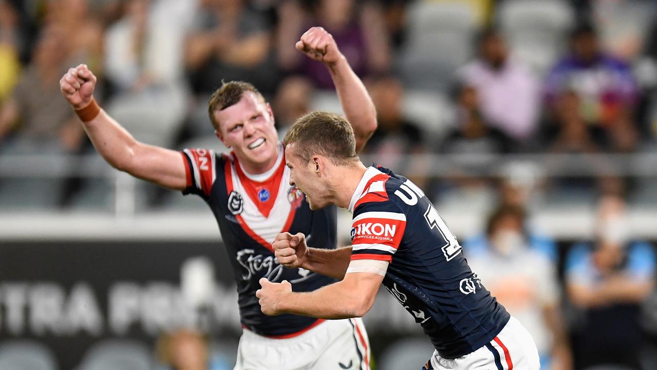 Sam Walker of the Roosters celebrates kicking the winning field goal over the Titans during the NRL Elimination Final match.