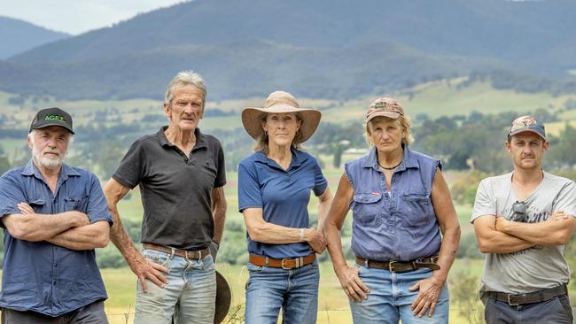 Paul Ingram, John and Sharon McEvoy, Chris Hicks and Mick Fisher-Smith have opposed the lithium battery proposal in the Kiewa Valley. Picture: Zoe Phillips