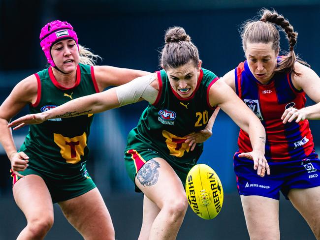 Tasmania Devils pathway player Emily Mifsud in action at UTAS Stadium, Launceston against Port Melbourne. Picture: Linda Higginson/Solstice Digital