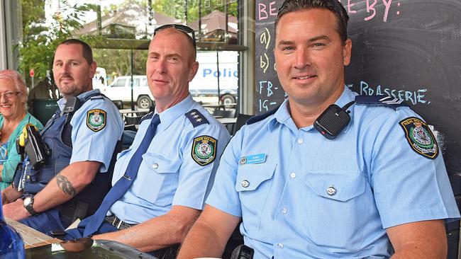 Senior Sgt. Michael Jones, Insp. Brendan Gorman and A/Sgt Daniel Dunn at a previous Coffee with a Cop event held in Woolgoolga.