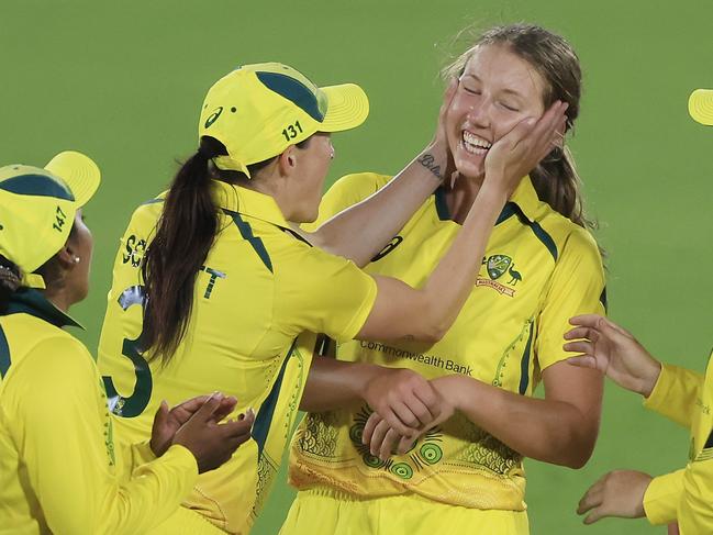 CANBERRA, AUSTRALIA - FEBRUARY 03: Darcie Brown of Australia celebrates the wicket of Sophie Ecclestone of England with team mates  during game one of the Women's Ashes One Day International series between Australia and England at Manuka Oval on February 03, 2022 in Canberra, Australia. (Photo by Mark Evans/Getty Images) *** BESTPIX ***