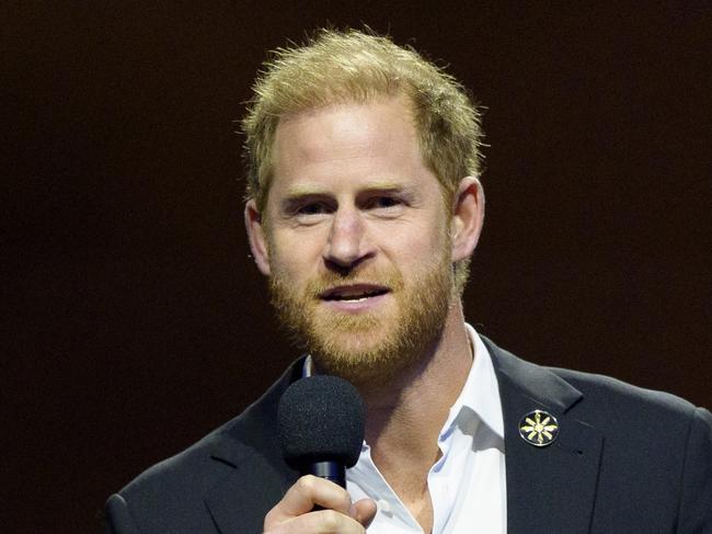 VANCOUVER, CANADA - FEBRUARY 16: Prince Harry, The Duke of Sussex, Founder and Patron of the Invictus Games Foundation delivers remarks at the Closing Ceremonies of the Invictus Games Vancouver Whistler 2025 on February 16, 2025. at Rogers Arena in Vancouver, Canada.  (Photo by Jeff Vinnick/Getty Images for Invictus Games Vancouver Whistler 2025)