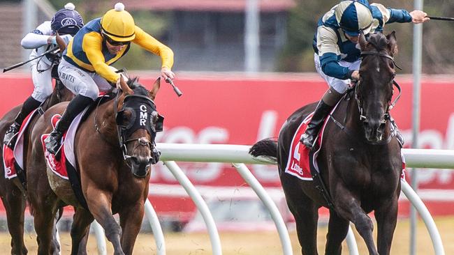 Strawberry Rock ridden by Declan Bates in Yellow coming towards the finish line at the 2025 Hobart Cup. Picture: Linda Higginson