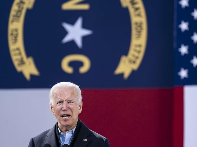 Democratic presidential nominee Joe Biden speaks during a drive-in campaign rally at Riverside High School in Durham, North Carolina. Picture: AFP