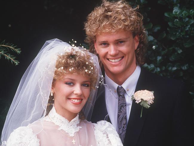 (AAP111) 25 November, 1999 - Century TV Soap: Henry (Craig McLaughlin) and Charlene (Kylie Minogue) at the wedding of Charlene and Scott (Jason Donovan) in Neighbours. (Photo: Grundy Organisation)