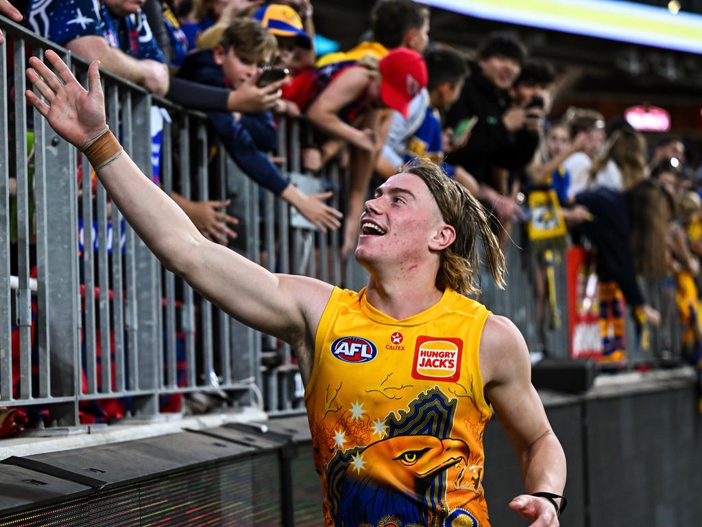 PERTH, AUSTRALIA - MAY 19: Harley Reid of the Eagles celebrates the win with the fans during the 2024 AFL Round 10 match between Waalitj Marawar (West Coast Eagles) and Narrm (Melbourne Demons) at Optus Stadium on May 19, 2024 in Perth, Australia. (Photo by Daniel Carson/AFL Photos via Getty Images)