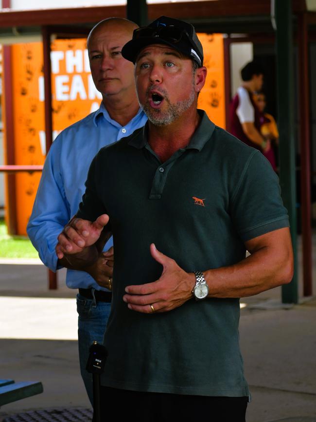 Hinchinbrook MP Nick Dametto speaking at disaster-impacted Ingham State High School in North Queensland on Wednesday. Picture: Cameron Bates