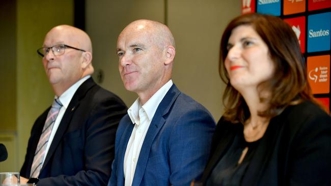 Stuart O'Grady (centre) with Tourism Minister David Ridgway and Events SA executive director Hitaf Rasheed at the official announcement earlier this week. Picture: AAP Image/Sam Wundke