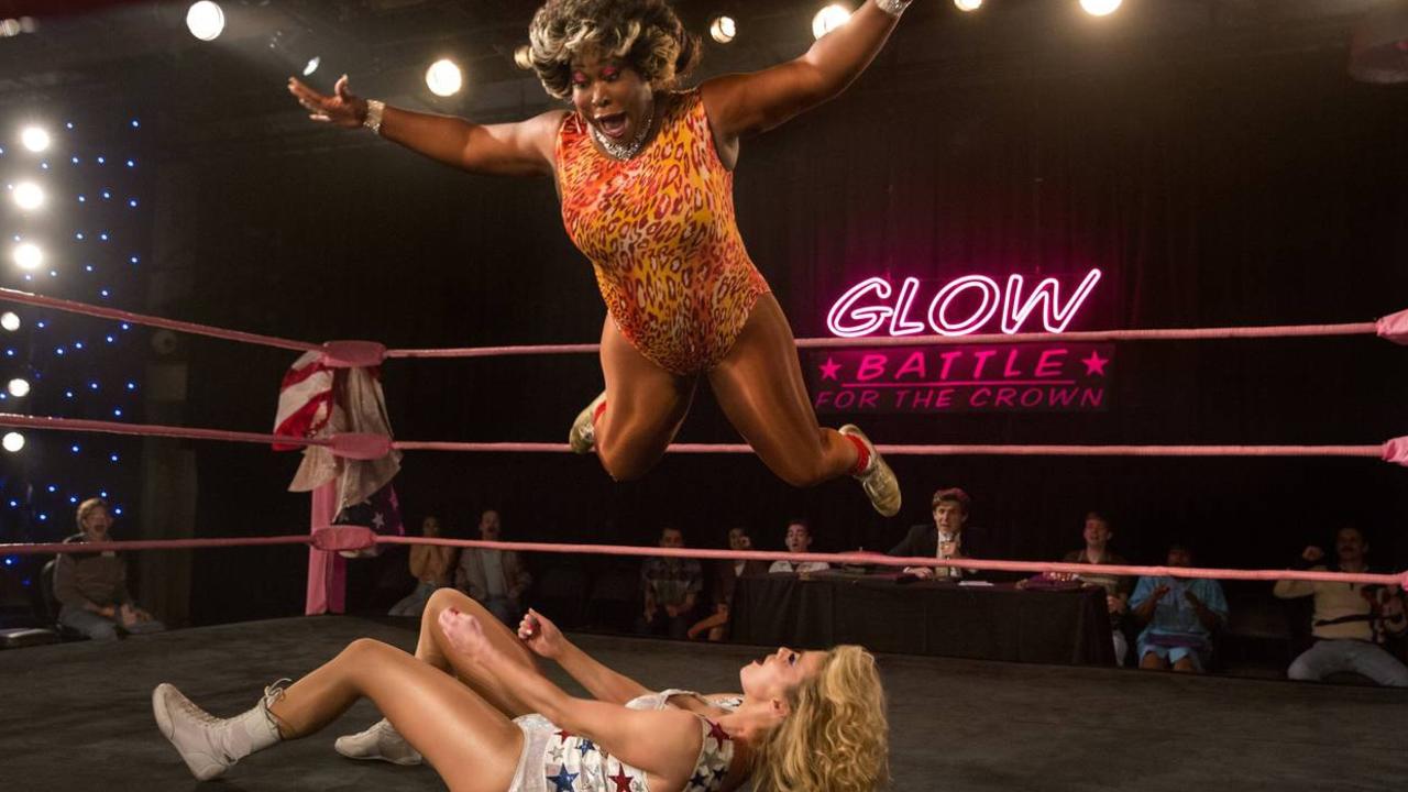 Kia Stevens and Betty Gilpin in a scene from GLOW. Picture: Netflix.