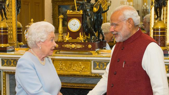 Queen Elizabeth II meets India's Prime Minister Narendra Modi at Buckingham Palace in central London. Picture: AFP