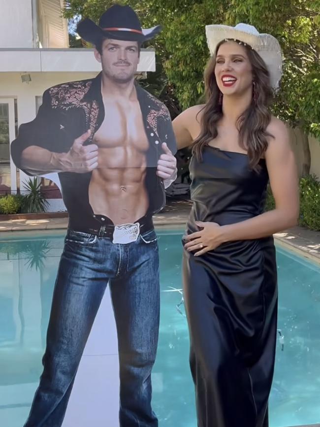 Danielle Frawley with a life-size cut out of her fiancee Angus Brayshaw. Picture: supplied