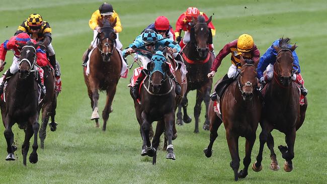 State of Rest and Anamoe collide close to the winning post. Picture: Michael Klein