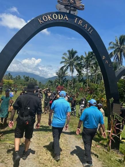 Prime Minister Anthony Albanese and James Marape walking through the iconic arches of the Kokoda Trail. Picture: Warren Brown