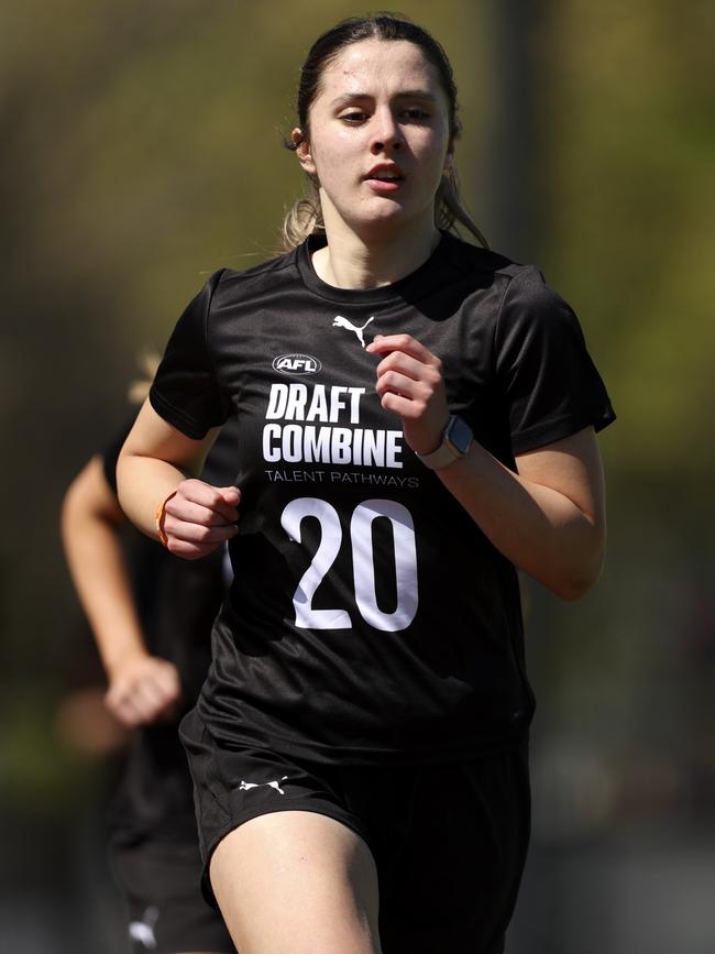 Laura Stone completes the 2km time trial during the 2023 Victoria AFL State Combine. She is already tied to Hawthorn through this year’s draft. Picture: Martin Keep/AFL Photos/via Getty Images