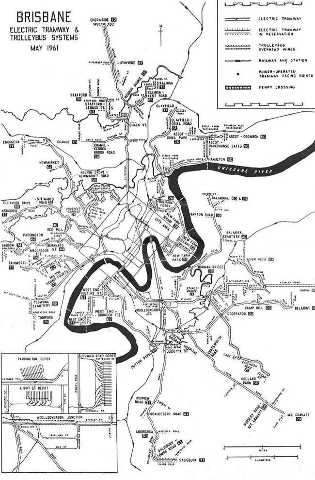 Brisbane tram network in 1961 prior to closure in 1969.