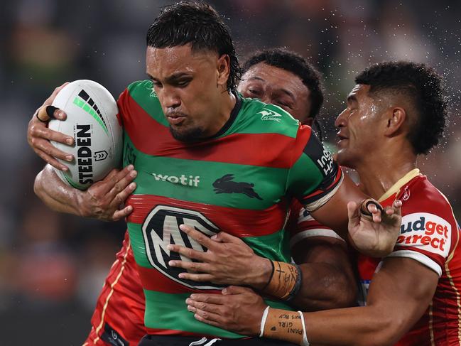 SYDNEY, AUSTRALIA - MARCH 07: KeaonÃÂ Koloamatangi of the Rabbitohs is tackled during the round one NRL match between Dolphins and South Sydney Rabbitohs at CommBank Stadium on March 07, 2025 in Sydney, Australia. (Photo by Jason McCawley/Getty Images)