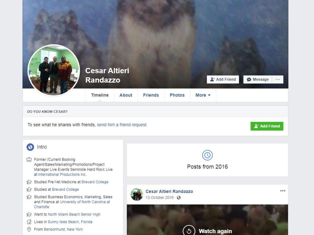 Cesar Sayoc’s Facebook account before it was taken down. Picture: Facebook