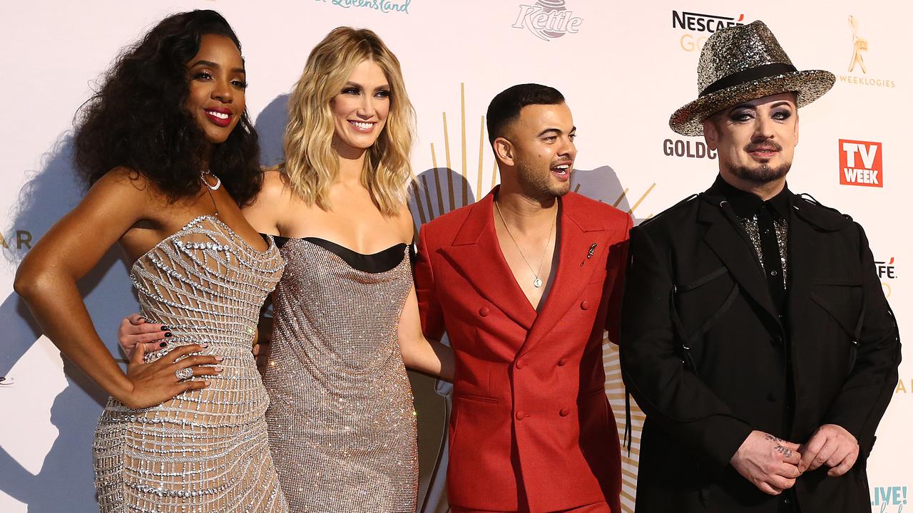 Boy George with other judges from The Voice Australia Kelly Rowland, Delta Goodrem and Guy Sebastian. (Photo by Jono Searle/Getty Images)