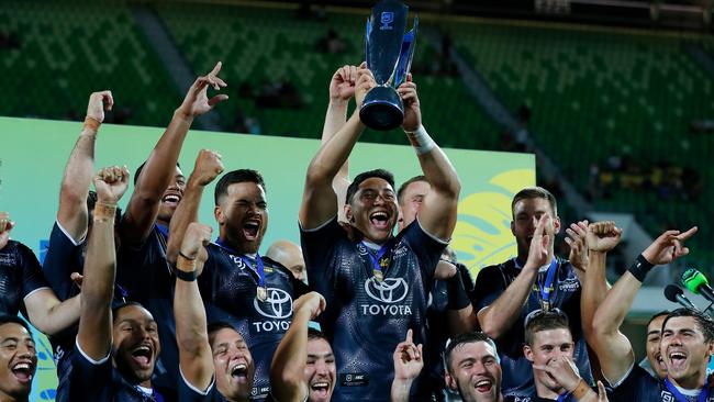 PERTH, AUSTRALIA – FEBRUARY 15: Jason Taumalolo of the Cowboys and his team celebrate winning the Perth Nines Trophy from Day 2 of the 2020 NRL Nines at HBF Stadium on February 15, 2020 in Perth, Australia. (Photo by James Worsfold/Getty Images)