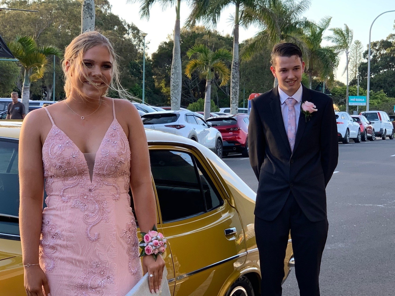 Abbi Hebblewhite and Harrison Dean were all smiles as they arrived at the Fraser Coast Anglican College formal.