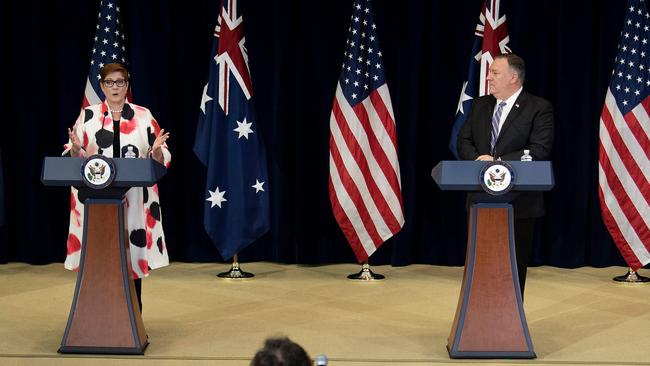 US Secretary of State Mike Pompeo listens while Australia's Foreign Minister Marise Payne speaks during a press conference at the US Department of State following the AUSMIN in Washington, DC. Picture: Brendan Smialowski/AFP