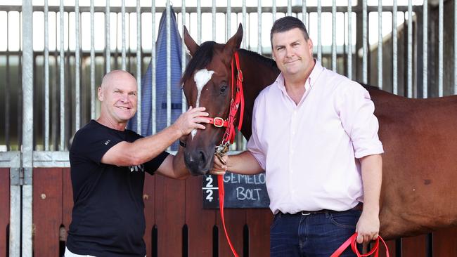 Sporting legend Alfie Langer and trainer Chris Anderson with Gemelon Bolt. Picture: Tara Croser