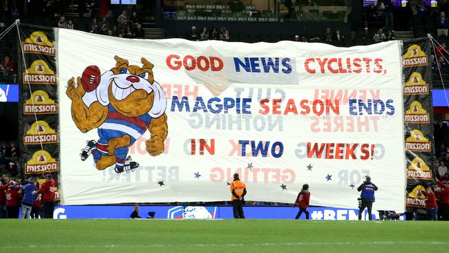 Danny’s banner takes aim at Collingwood. Picture: Michael Klein