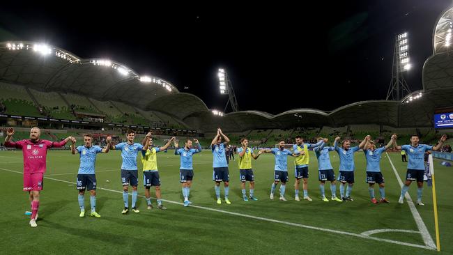 Sydney FC players celebrate their win over Melbourne Victory in the Big Blue at AAMI Park last week. Picture: Getty Images