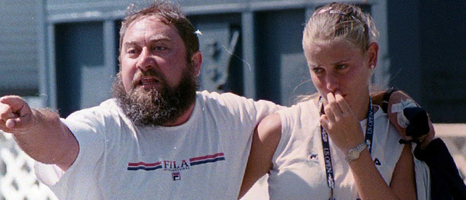 Undated : Upset player Jelena Dokic with her father Damir after he got into a dispute with officials during the US Open at Flushing Meadows in New York. Picture: Charles Fowler.