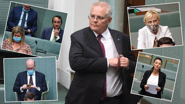 PM Scott Morrison, centre, and the MPs who crossed the floor, Dave Sharma and Bridget Archer, top left, Trent Zimmerman, bottom left, Katie Allen, top right and Fiona Martin, bottom right. Pictures: Gary Ramage/NCA Newswire