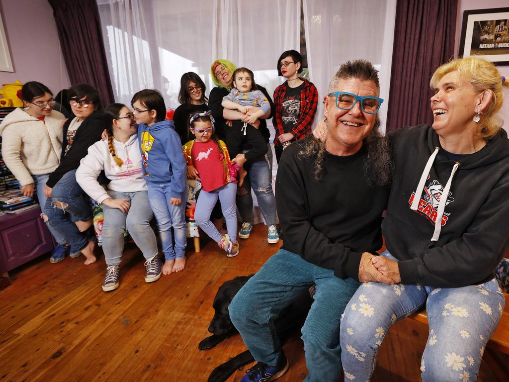 Heather McIntyre and husband Garry along with 9 of their 11 kids at their Penrith home. Picture: Sam Ruttyn