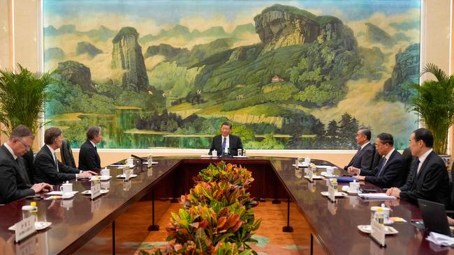 China's President Xi Jinping (C) holds a meeting with US Secretary of State Antony Blinken (3rd L) at the Great Hall of the People. Picture: AFP.