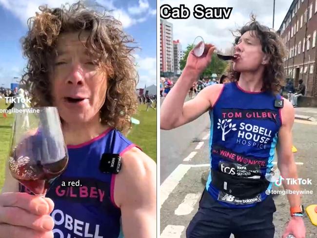 TikTok star Tom Gilbey has gone viral after drinking wine at every mile of the London Marathon. Pic: TikTok